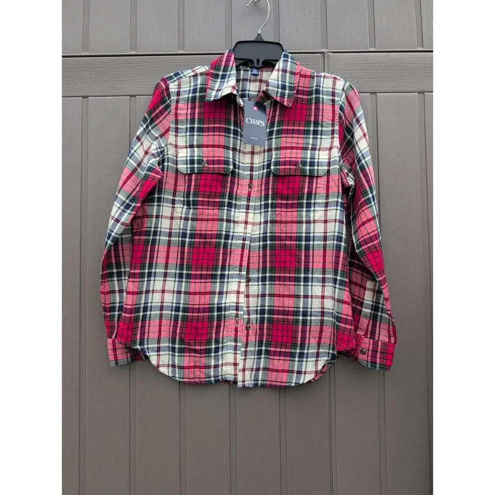 Chaps red plaid‎ long sleeve Petite Medium NEW
